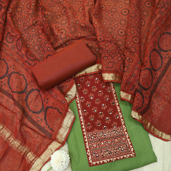 Rushna Parrot Green Ajrak Printed Patch with Kantha Cotton Suit Set