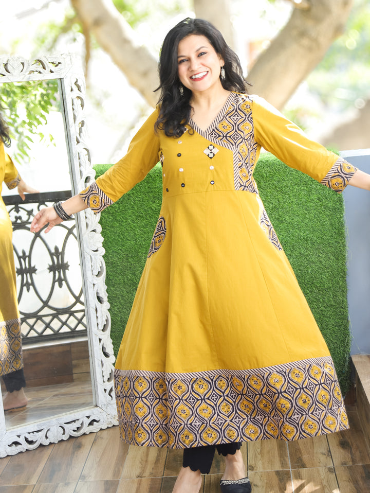 Sunaira Yellow Mirror in Angrakha with Ajrak Patch Printed Hem Anarkali Cotton Kurti