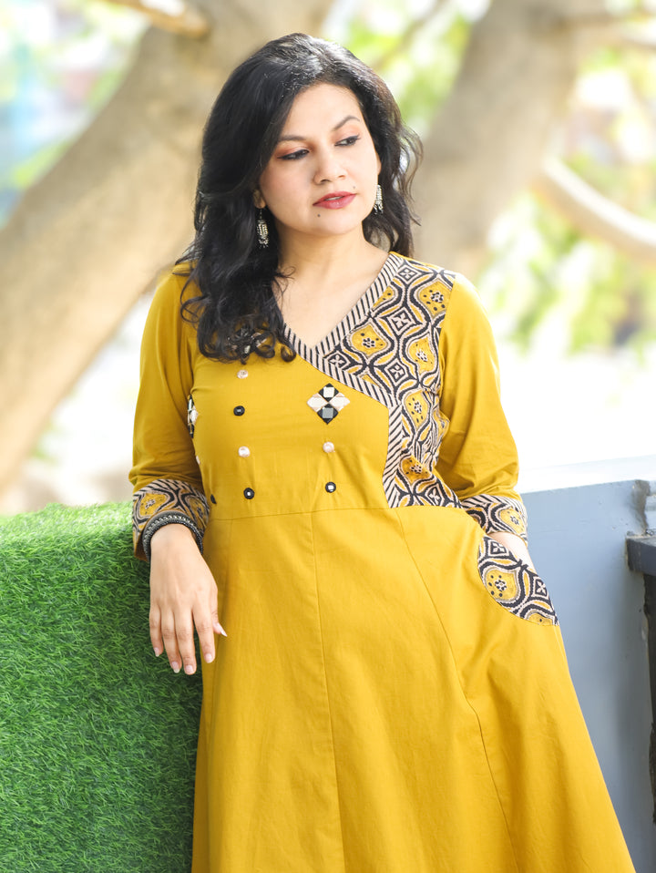 Sunaira Yellow Mirror in Angrakha with Ajrak Patch Printed Hem Anarkali Cotton Kurti