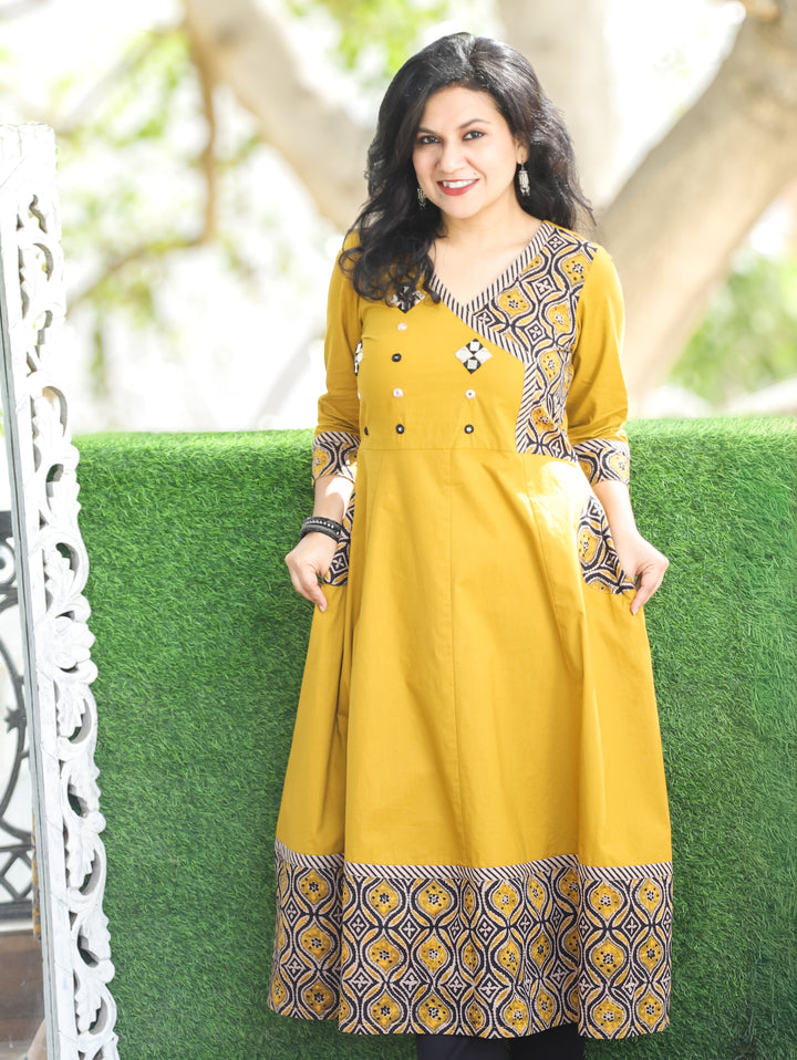 Sunaira Yellow Mirror in Angrakha with Ajrak Patch Printed Hem Anarkali Cotton Kurti