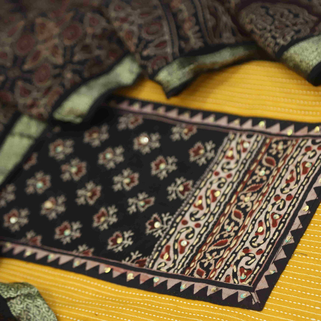 Rushna Sunflower Yellow Ajrak Printed Patch with Kantha Cotton Suit Set