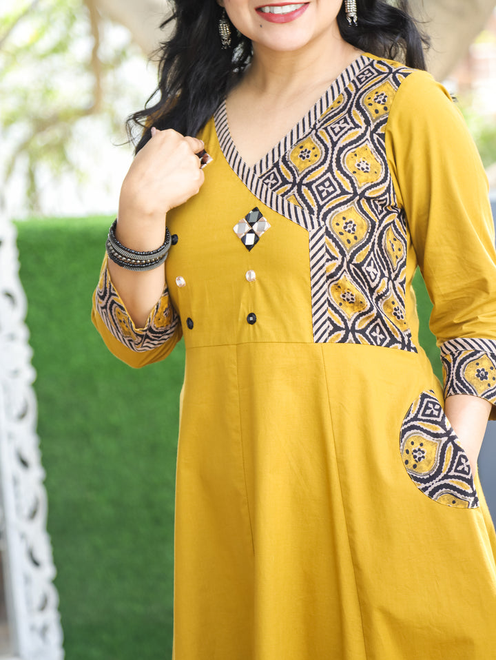 Sunaira Yellow Mirror in Angrakha with Ajrak Patch Printed Hem Anarkali Cotton Kurti