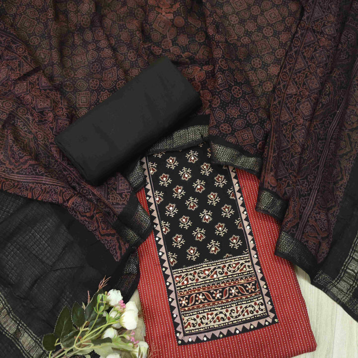 Rushna Apple Red Ajrak Printed Patch with Kantha Cotton Suit Set