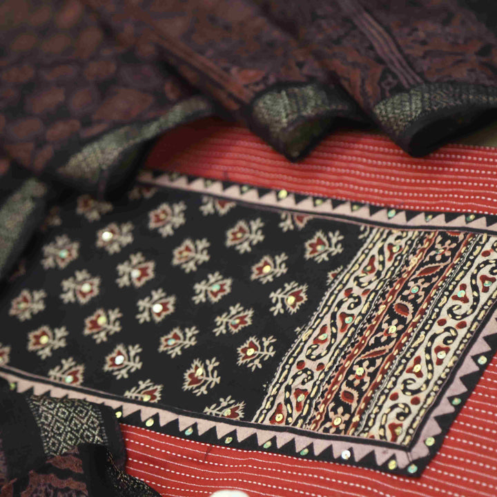 Rushna Apple Red Ajrak Printed Patch with Kantha Cotton Suit Set