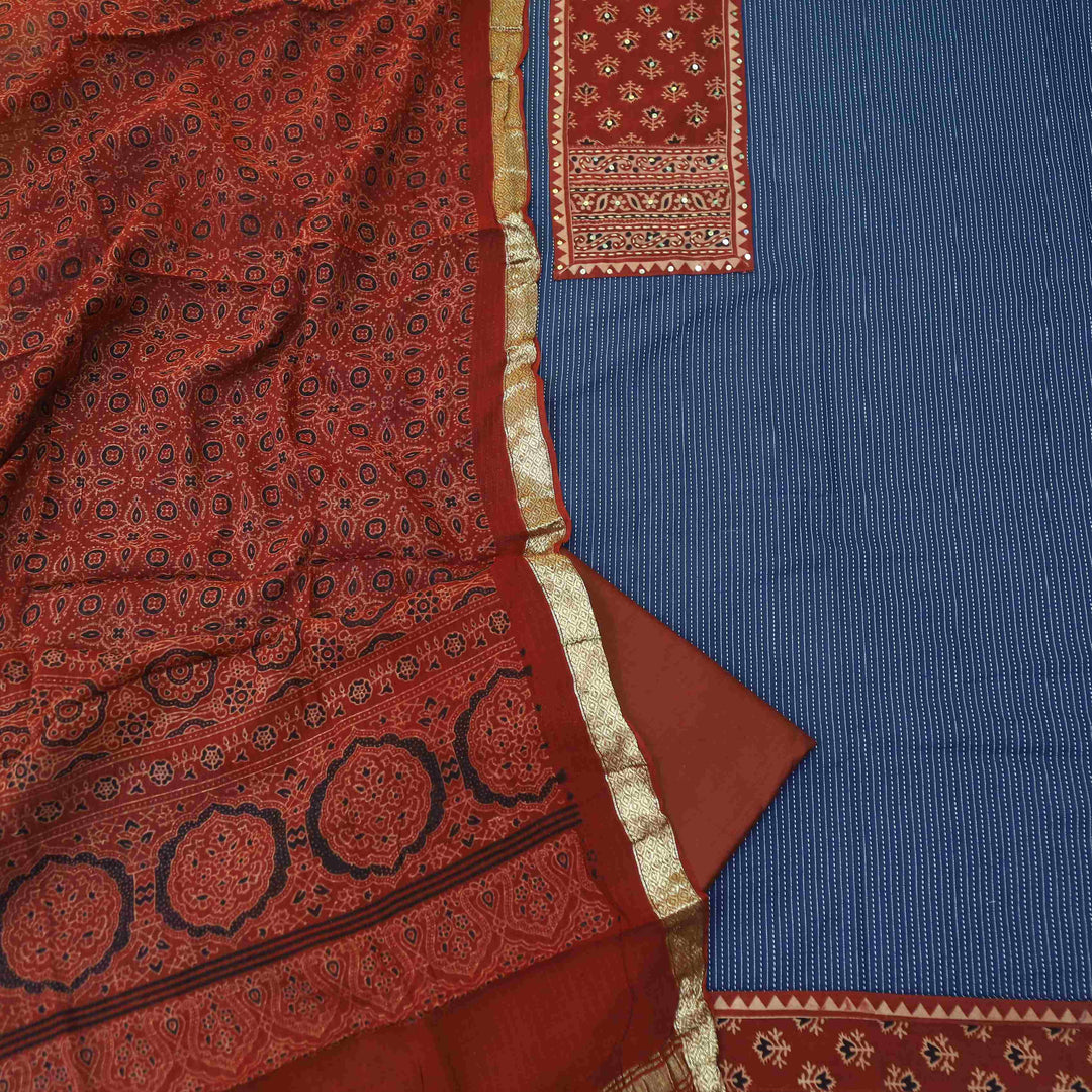 Rushna Royal Blue Ajrak Printed Patch with Kantha Cotton Suit Set
