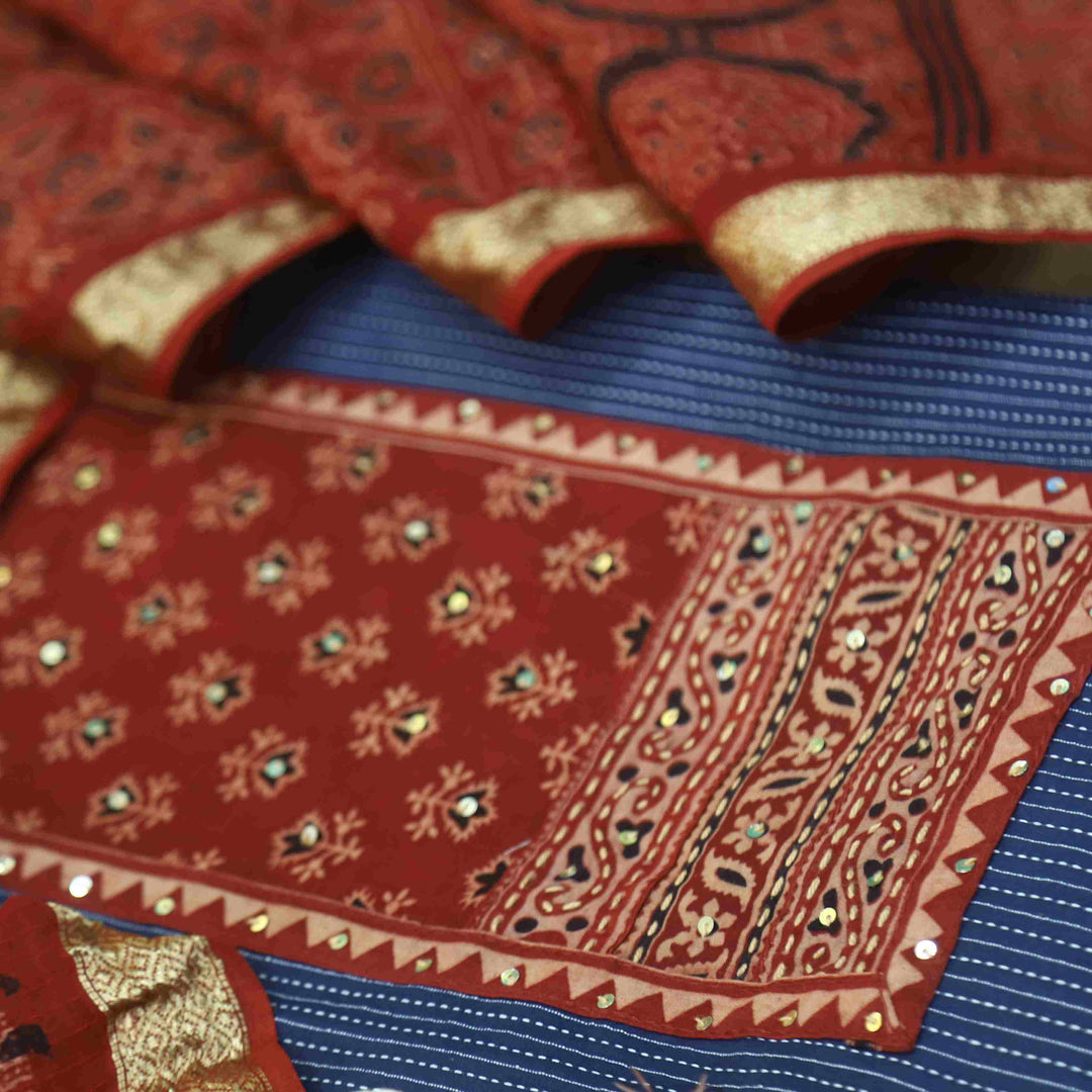 Rushna Royal Blue Ajrak Printed Patch with Kantha Cotton Suit Set