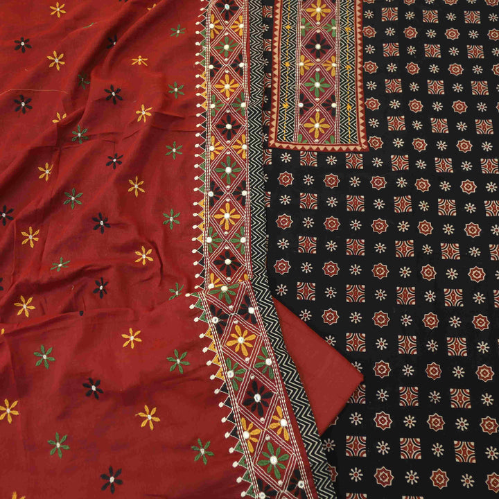 Khairiyat Jet Black Kutch Work Printed Cotton Top With Cotton Dupatta Set