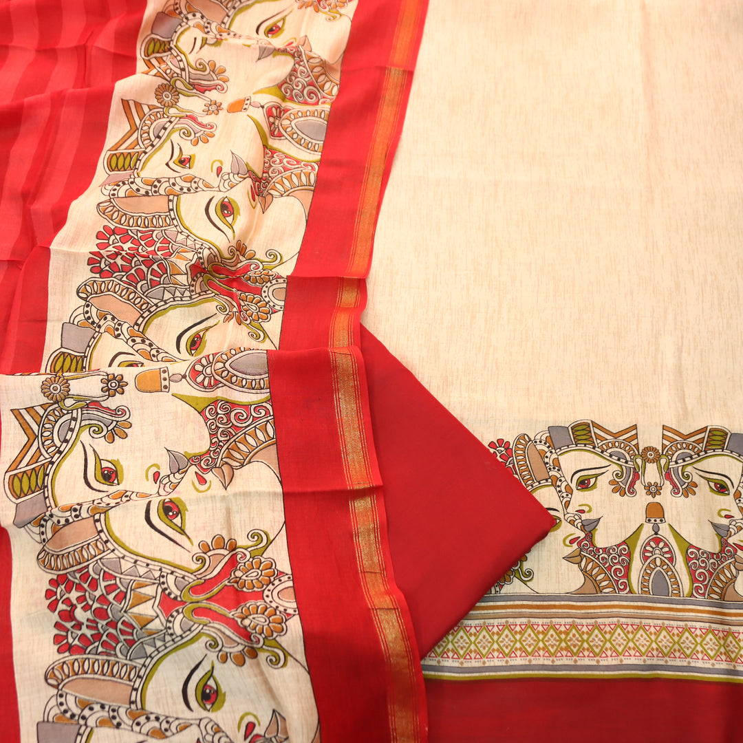 Parineeti Sand Beige Madhubani Face Printed Hem Maheswari Chanderi Set