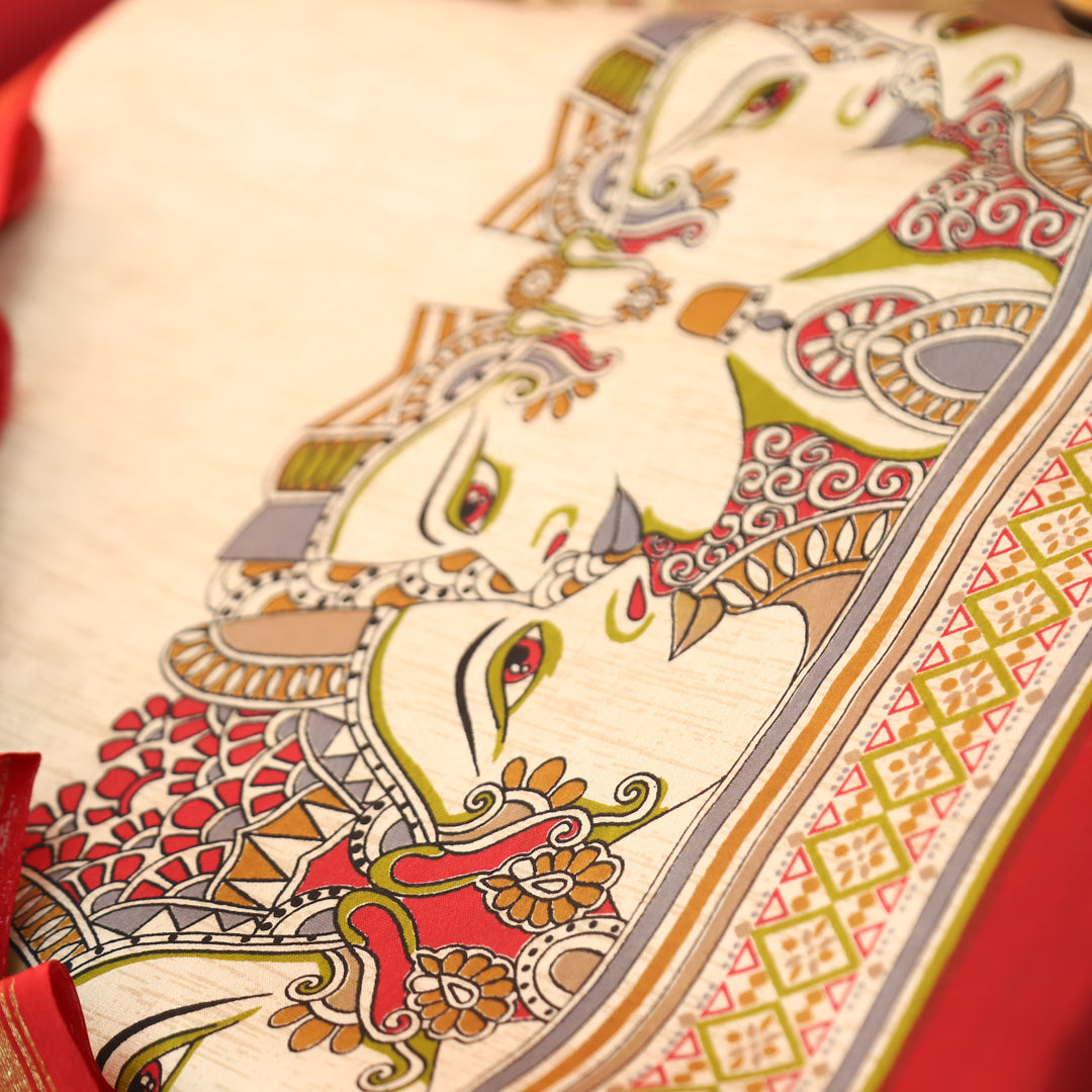 Parineeti Sand Beige Madhubani Face Printed Hem Maheswari Chanderi Set