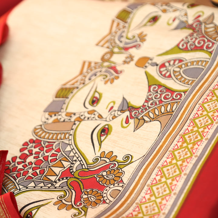Parineeti Sand Beige Madhubani Face Printed Hem Maheswari Chanderi Set
