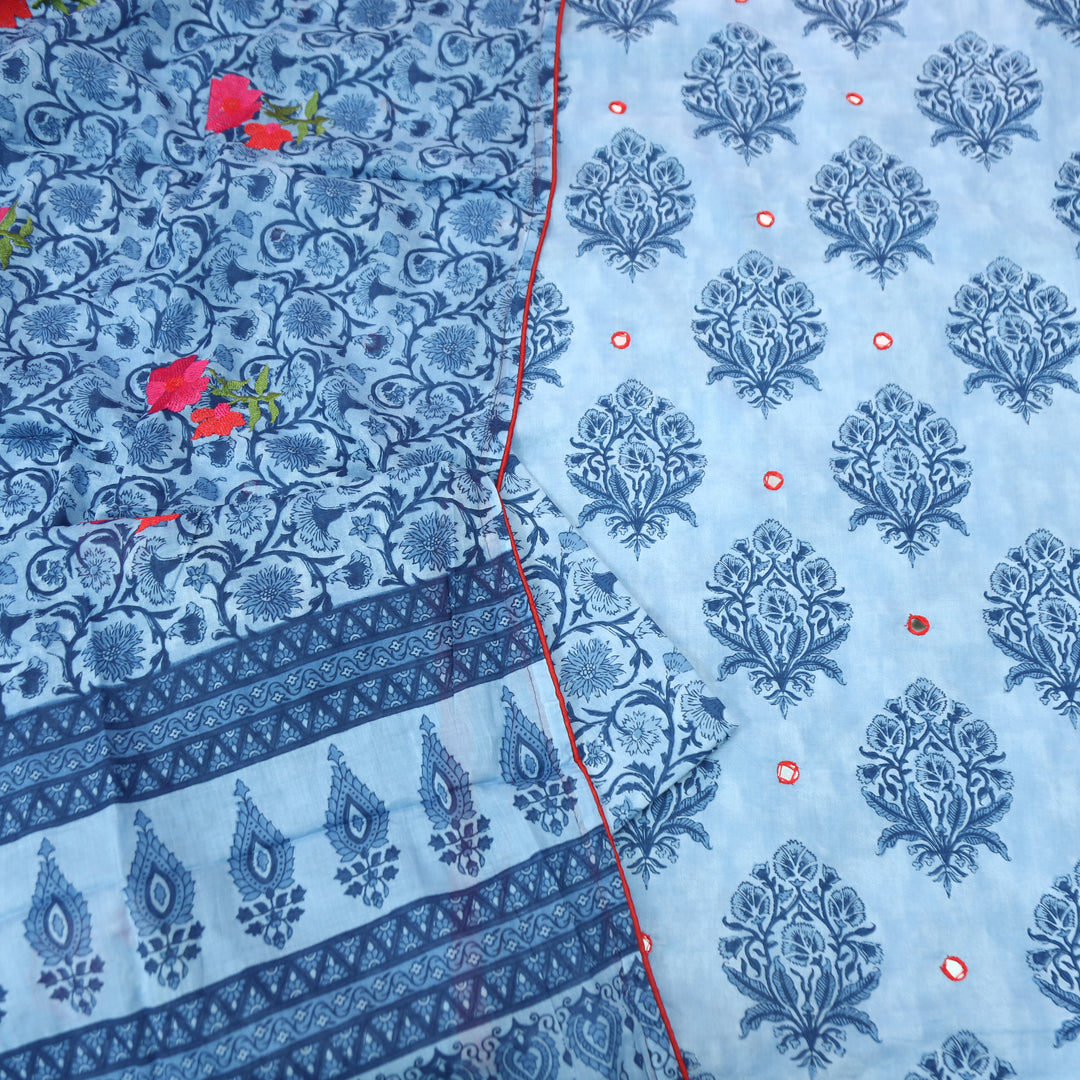 Rajmoli Amber Blue Dabu Printed with Patra Work Detailing Cotton Suit Set