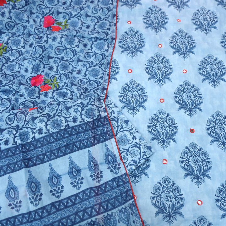 Rajmoli Amber Blue Dabu Printed with Patra Work Detailing Cotton Suit Set