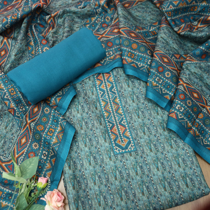 विशाखा Sapphire Blue All Over Intricate Digital Printed Semi Pashmina Winter Set