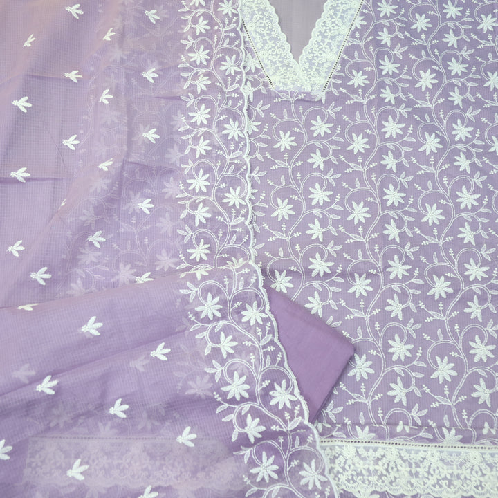 Nigahen Lavish Purple V Neck lace All Over Thread Work Kota Doriya Suit Set