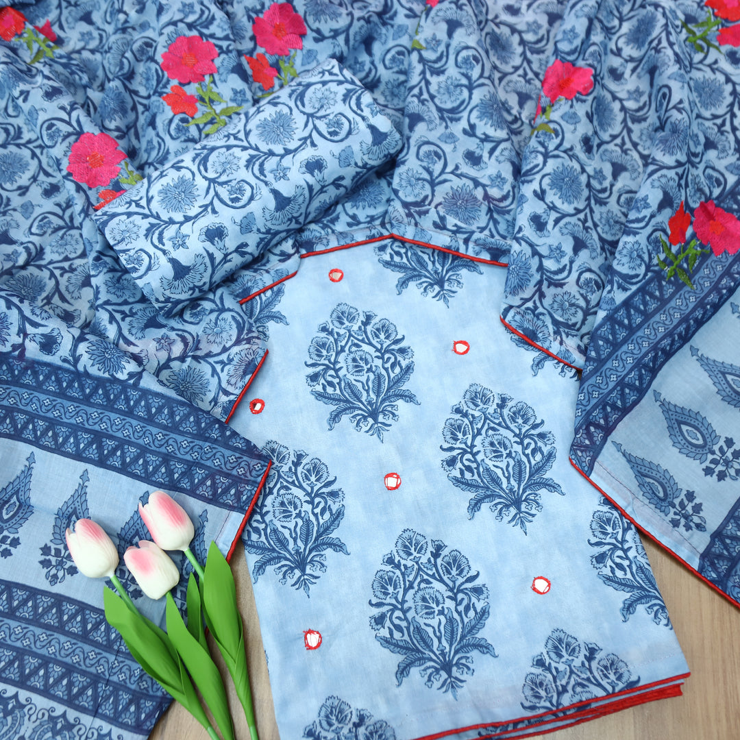 Rajmoli Amber Blue Dabu Printed with Patra Work Detailing Cotton Suit Set