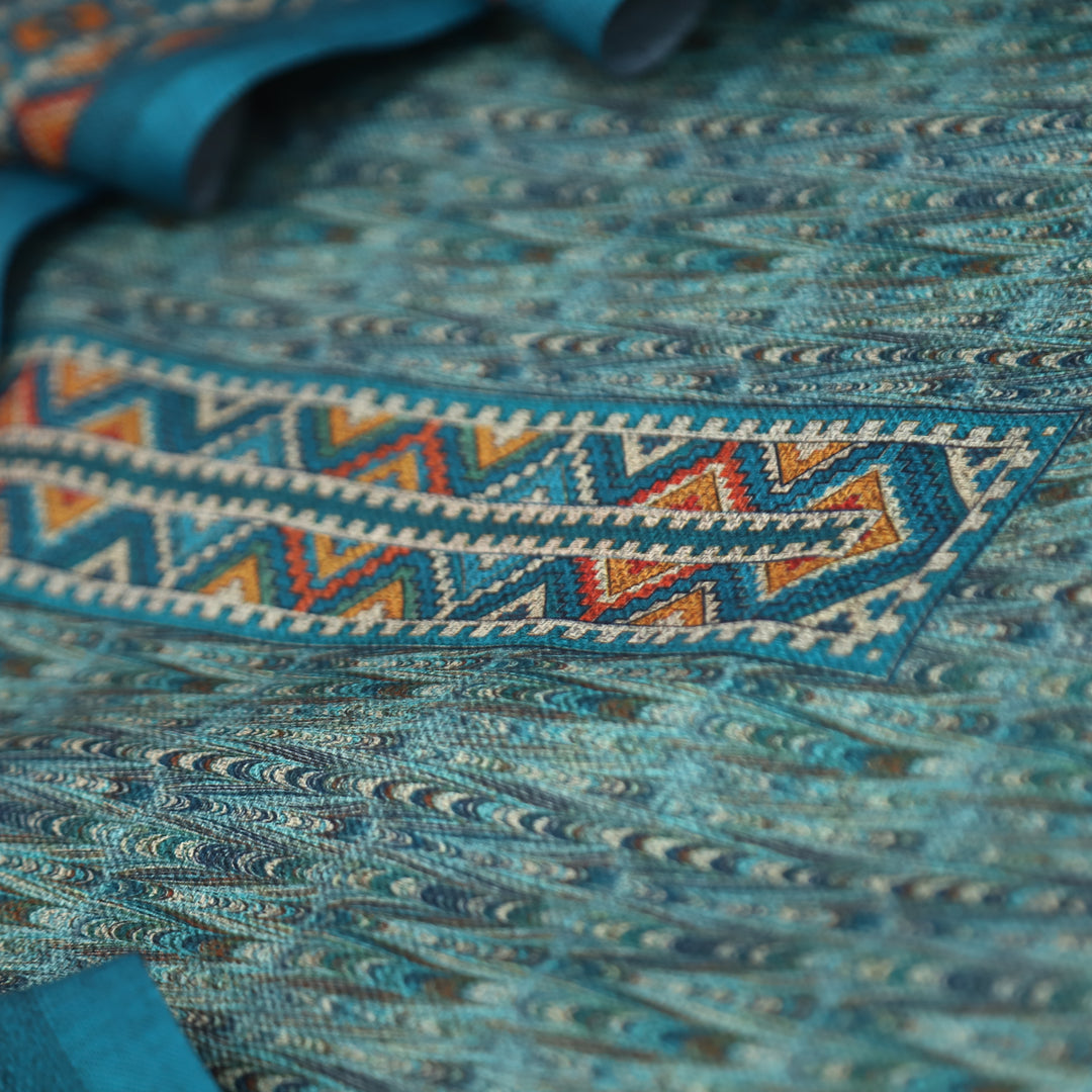 विशाखा Sapphire Blue All Over Intricate Digital Printed Semi Pashmina Winter Set