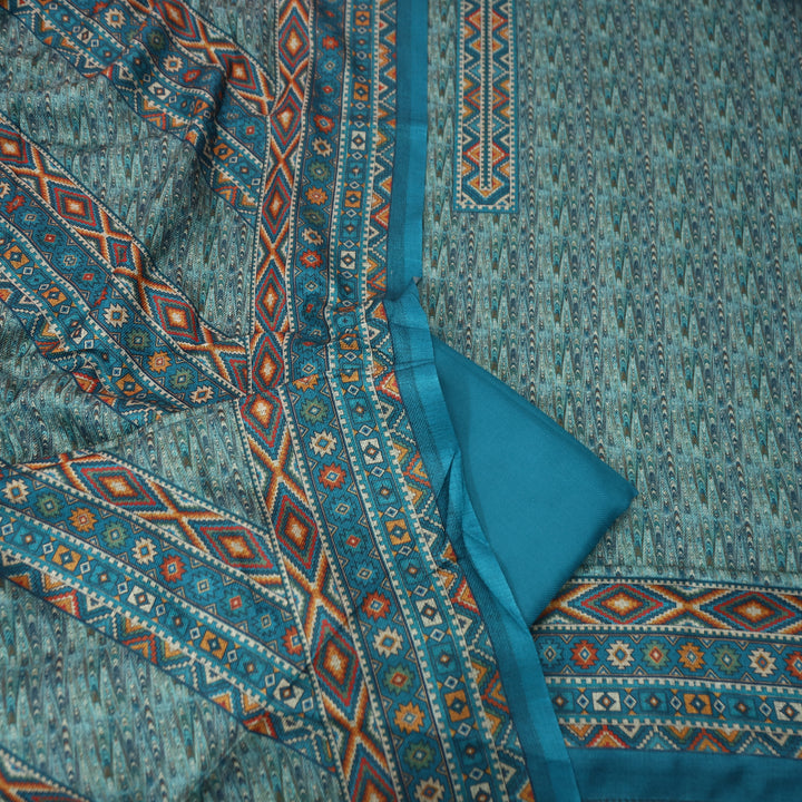 विशाखा Sapphire Blue All Over Intricate Digital Printed Semi Pashmina Winter Set