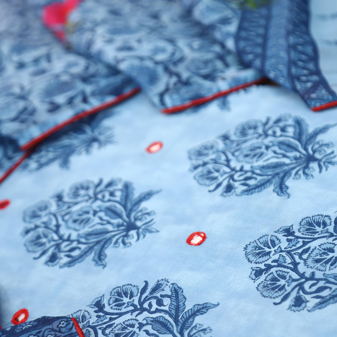 Rajmoli Amber Blue Dabu Printed with Patra Work Detailing Cotton Suit Set