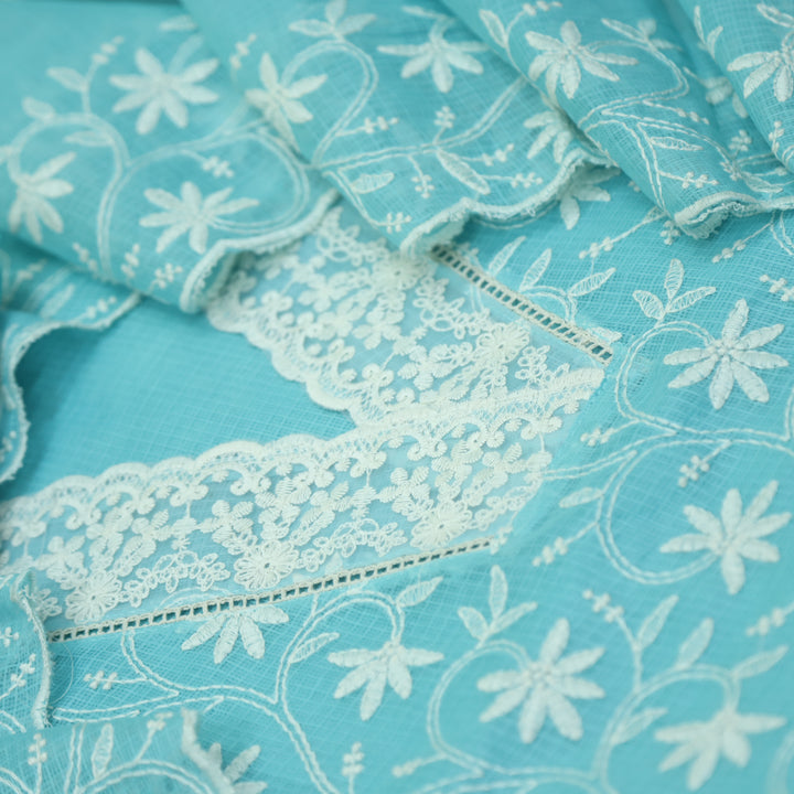 Nigahen Sky Blue V Neck lace All Over Thread Work Kota Doriya Suit Set