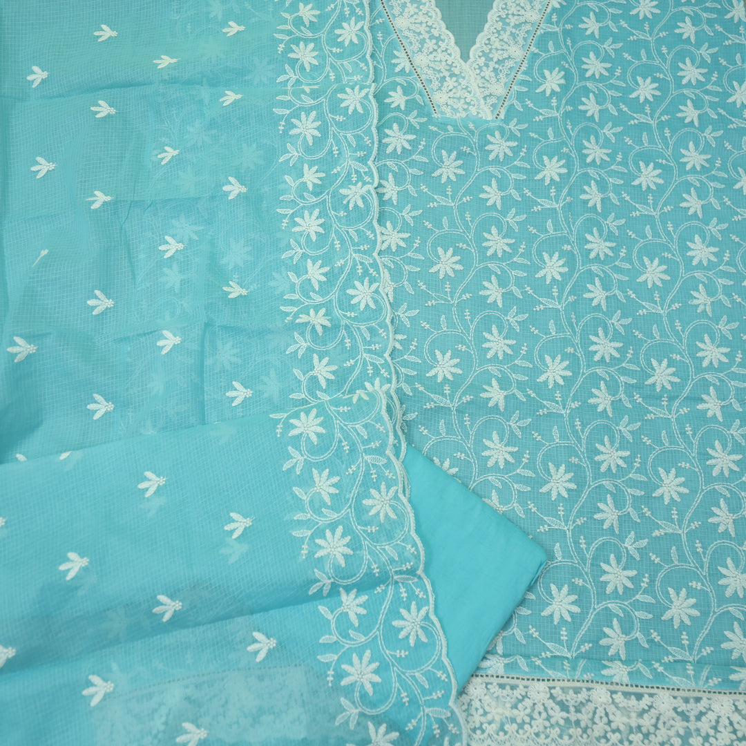 Nigahen Sky Blue V Neck lace All Over Thread Work Kota Doriya Suit Set