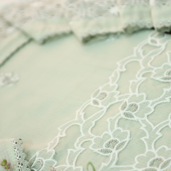 Rajmoli Sage Green Thread Floral Embroidered with  Cut Work Hem Kota Doriya Set