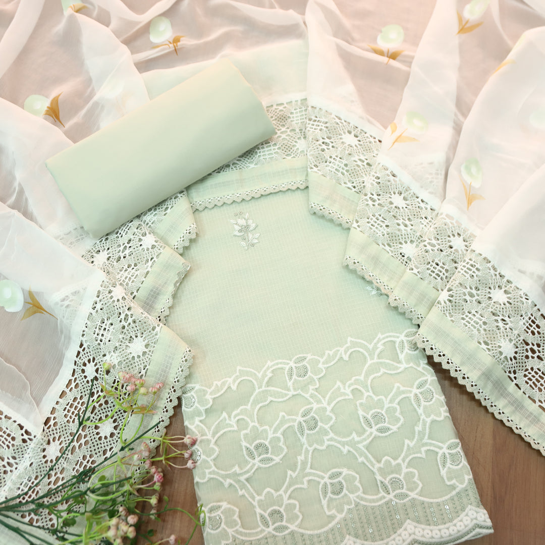 Rajmoli Sage Green Thread Floral Embroidered with  Cut Work Hem Kota Doriya Set