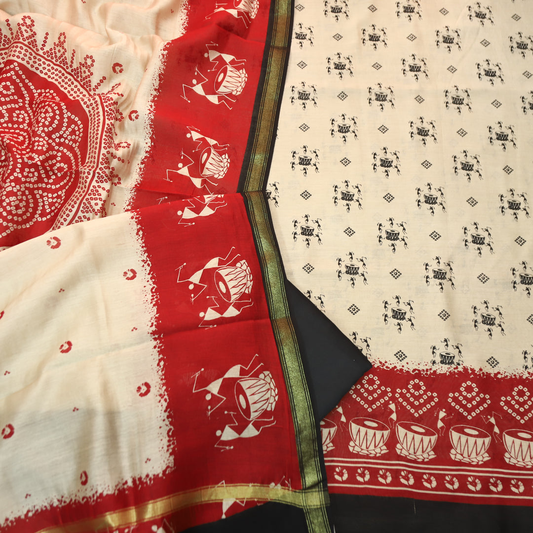 Parineeti Sand Beige Tribal Folk Art Printed Maheswari Chanderi Set