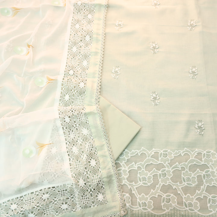 Rajmoli Sage Green Thread Floral Embroidered with  Cut Work Hem Kota Doriya Set