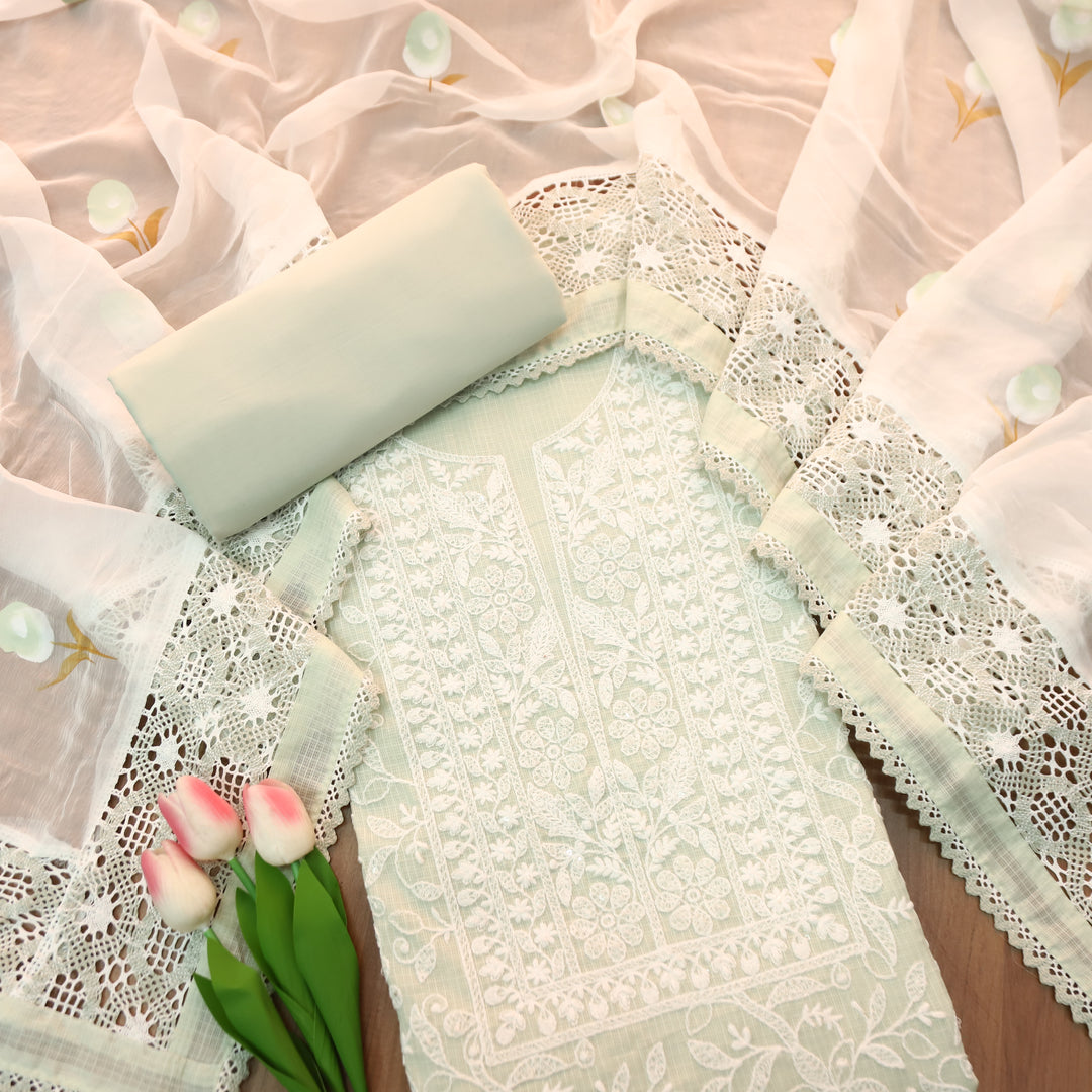 Rajmoli Sage Green All Over Thread Embroidered with Crochet Hem Kota Doriya Set