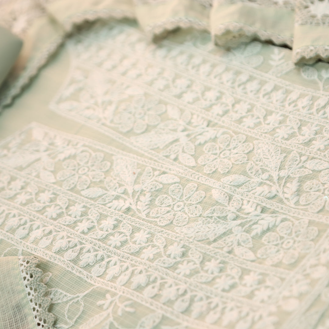 Rajmoli Sage Green All Over Thread Embroidered with Crochet Hem Kota Doriya Set