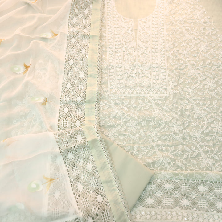 Rajmoli Sage Green All Over Thread Embroidered with Crochet Hem Kota Doriya Set