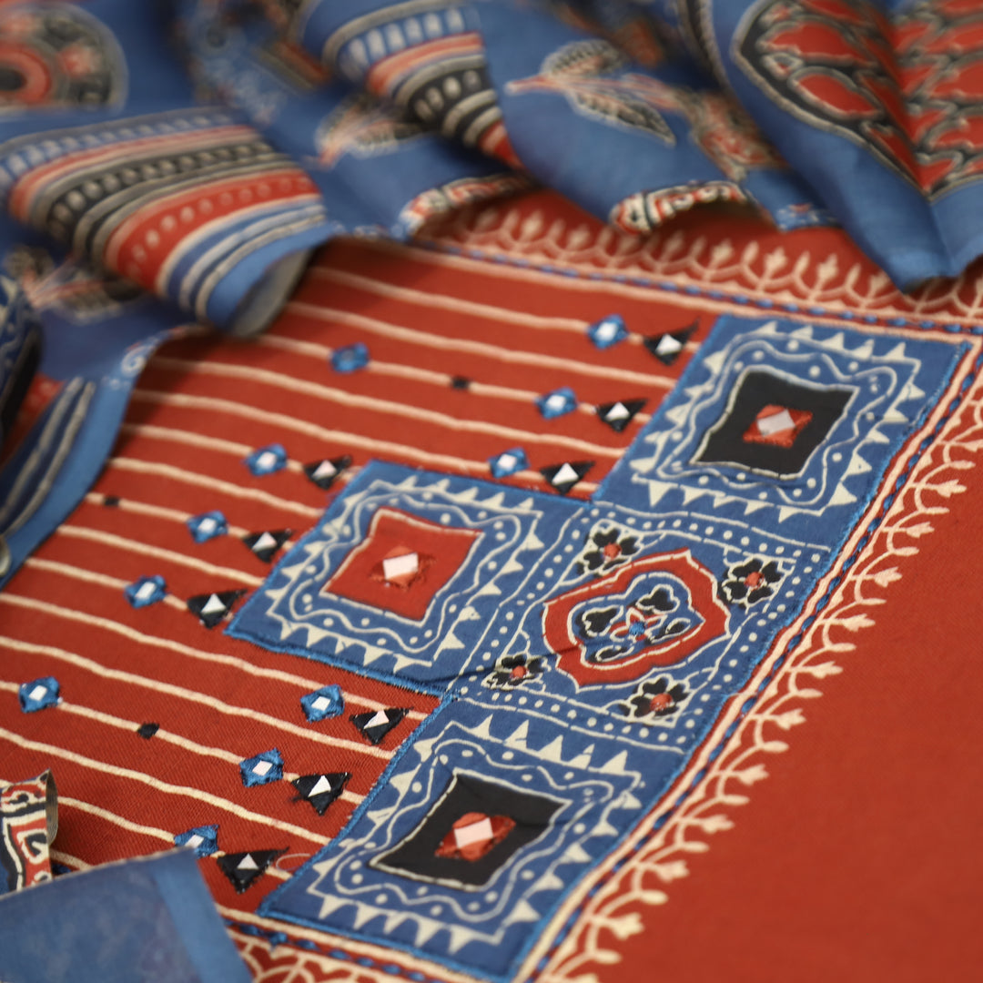 Shaymi Berry Red Kutch Mirror Neck Work Cotton Set