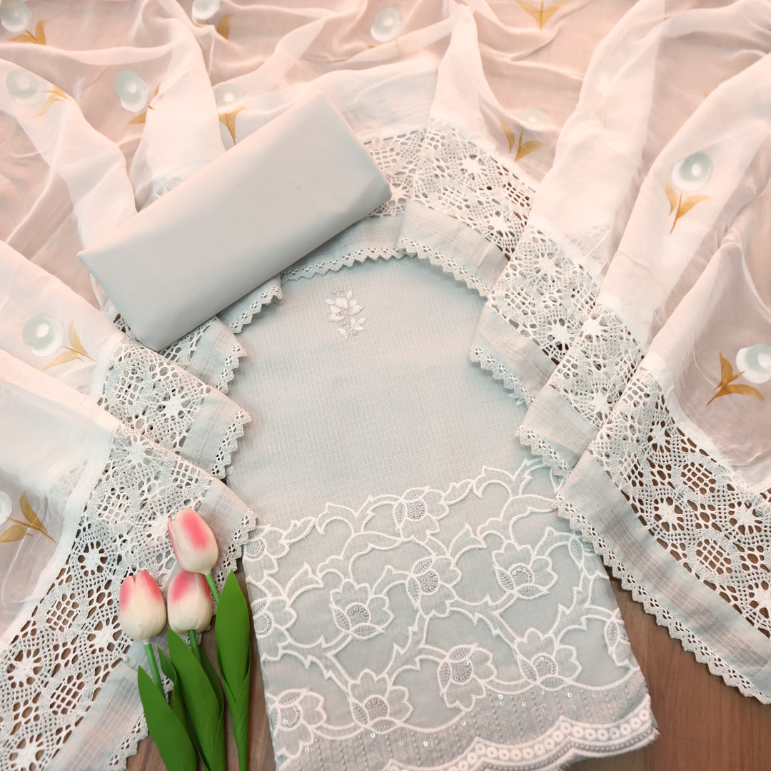Rajmoli Sky Grey Thread Floral Embroidered with  Cut Work Hem Kota Doriya Set