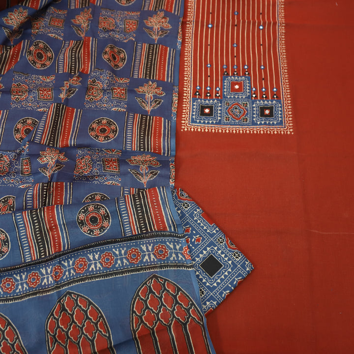 Shaymi Berry Red Kutch Mirror Neck Work Cotton Set