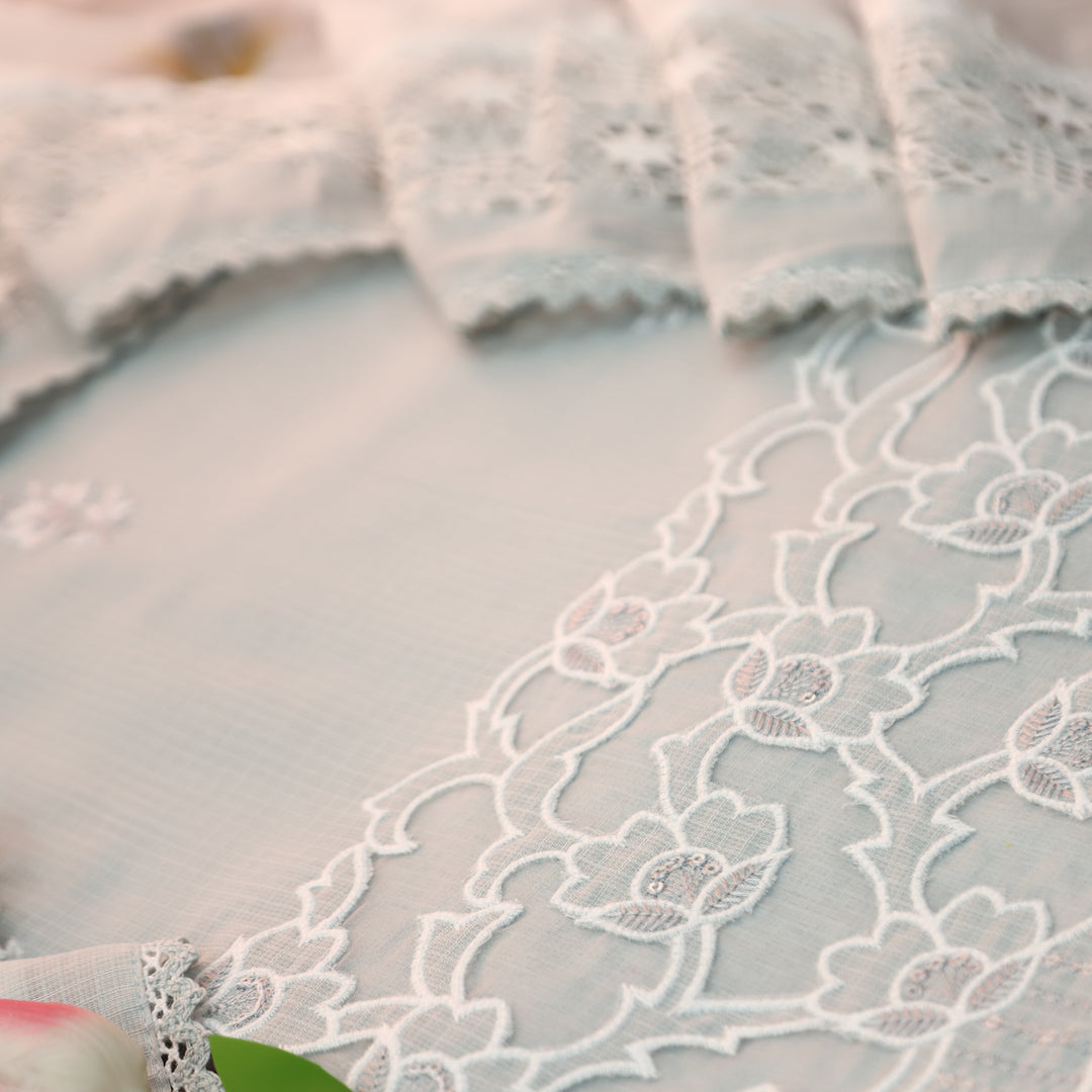 Rajmoli Sky Grey Thread Floral Embroidered with  Cut Work Hem Kota Doriya Set