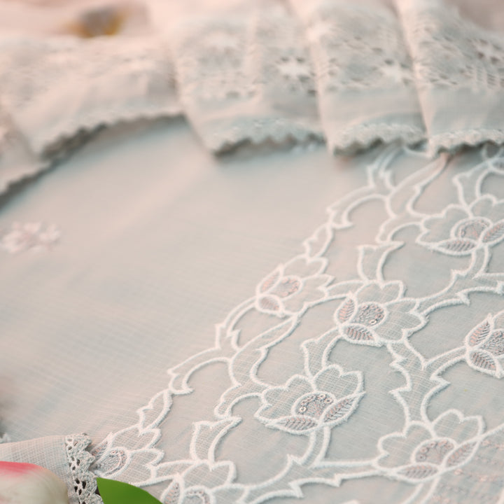 Rajmoli Sky Grey Thread Floral Embroidered with  Cut Work Hem Kota Doriya Set