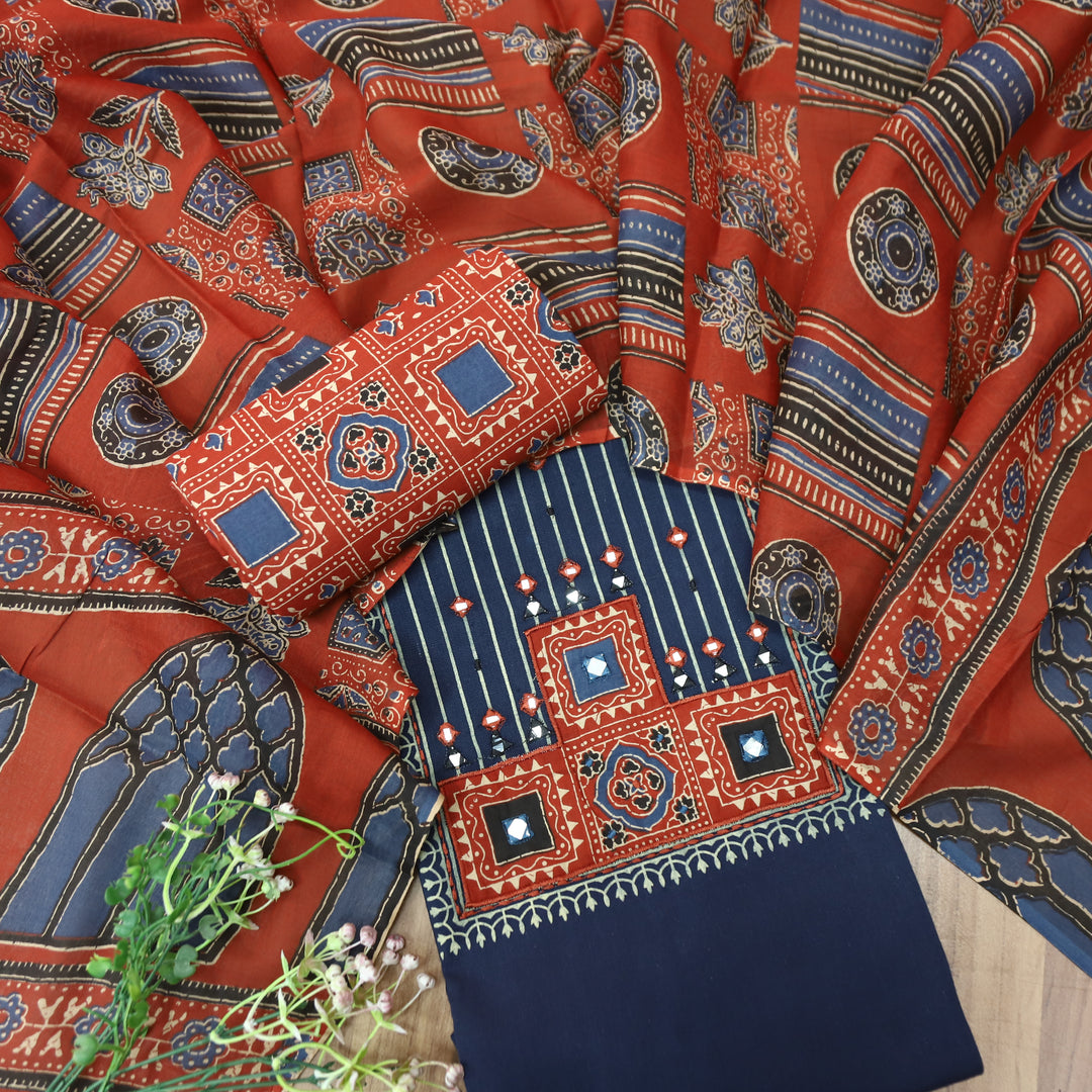 Shaymi Navy Blue Kutch Mirror Neck Work Cotton Set