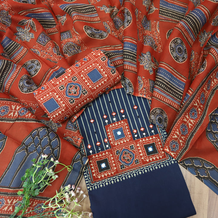 Shaymi Navy Blue Kutch Mirror Neck Work Cotton Set