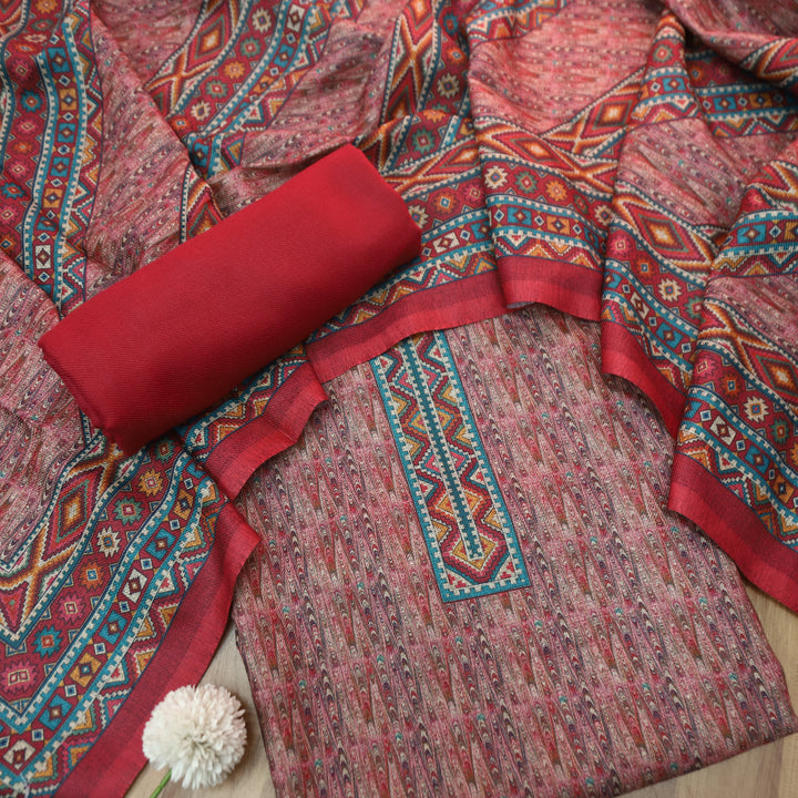 विशाखा Berry Red All Over Intricate Digital Printed Semi Pashmina Winter Set