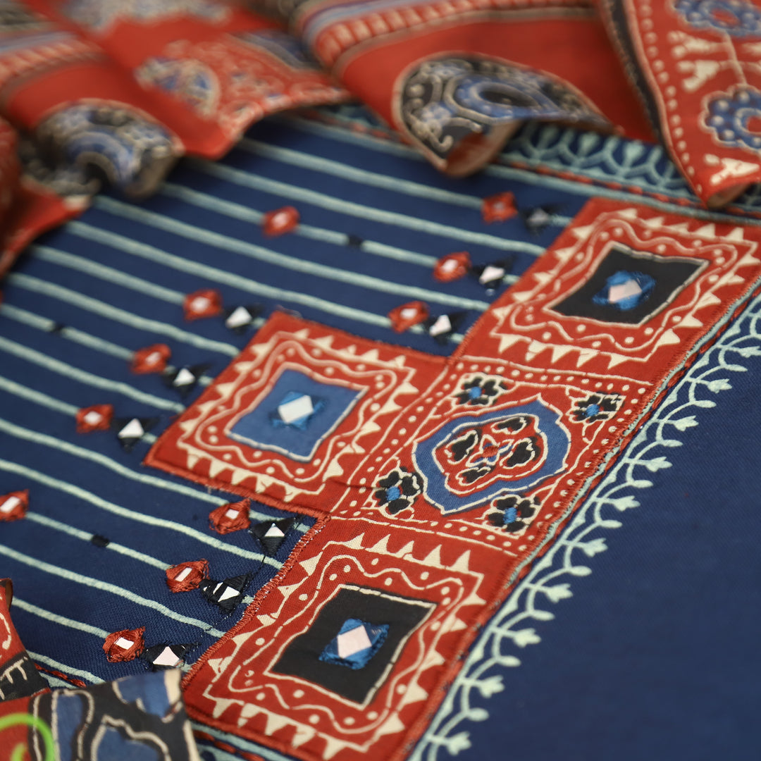Shaymi Navy Blue Kutch Mirror Neck Work Cotton Set