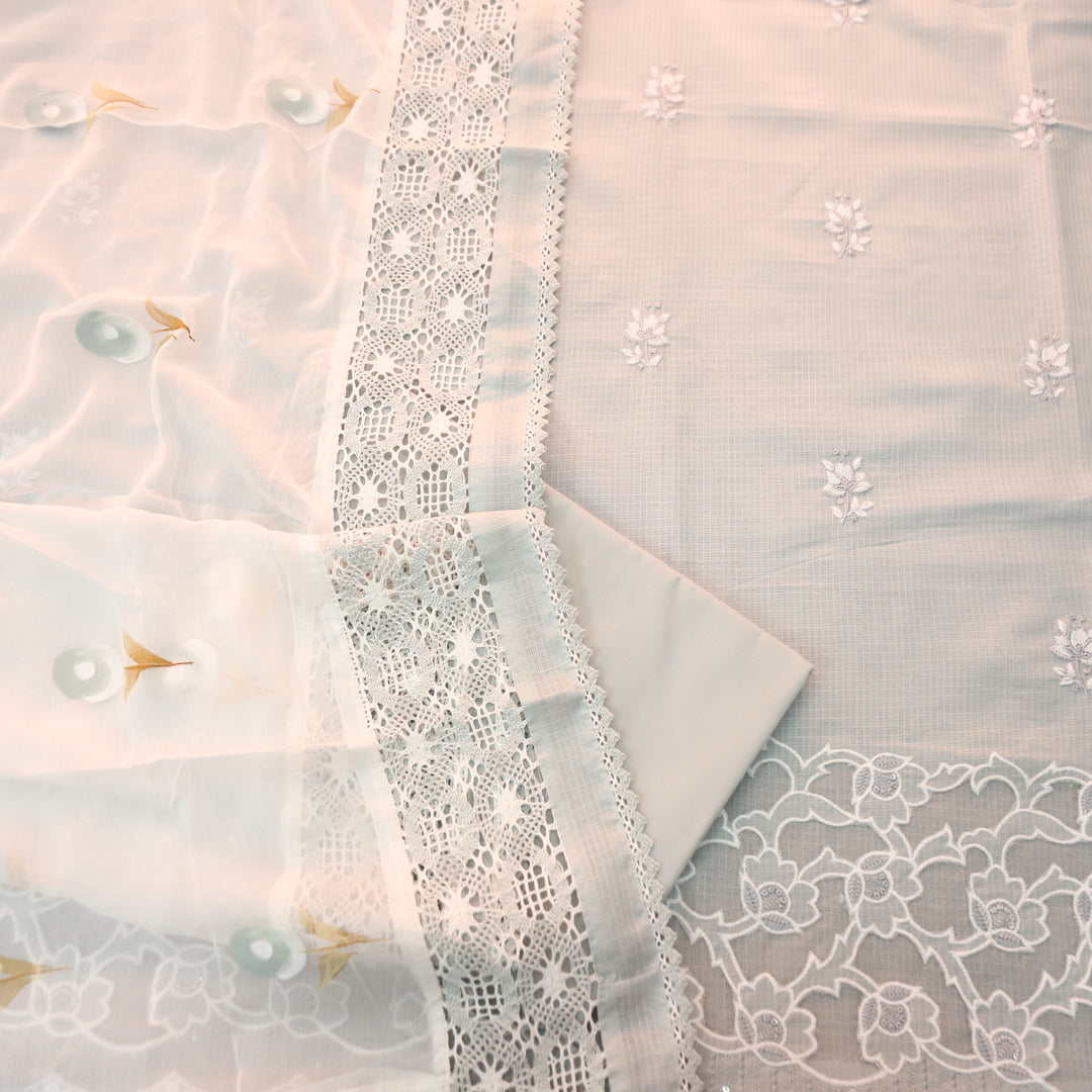 Rajmoli Sky Grey Thread Floral Embroidered with  Cut Work Hem Kota Doriya Set