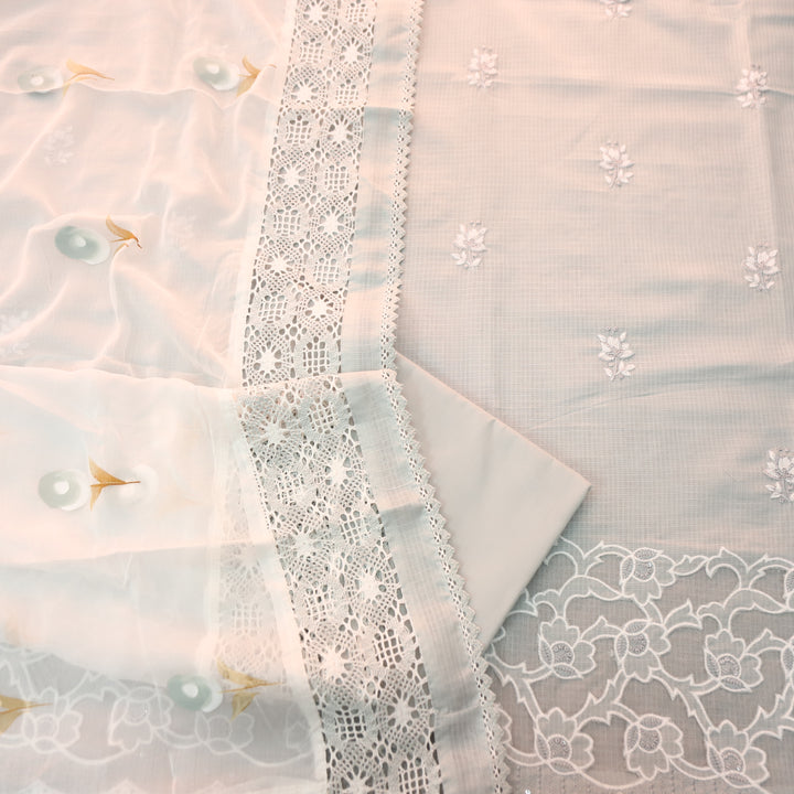 Rajmoli Sky Grey Thread Floral Embroidered with  Cut Work Hem Kota Doriya Set