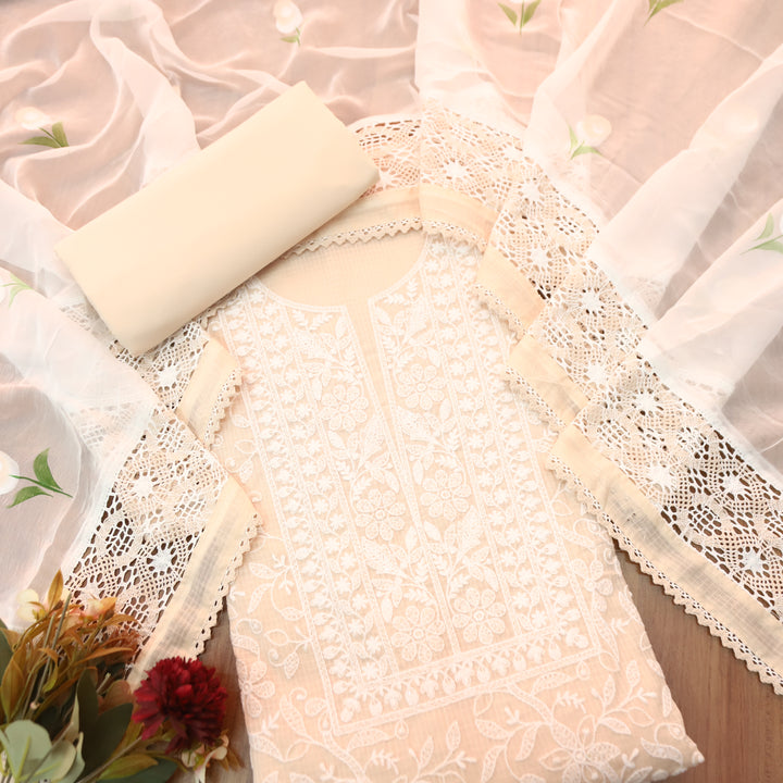 Rajmoli Pastel Peach All Over Thread Embroidered with Crochet Hem Kota Doriya Set