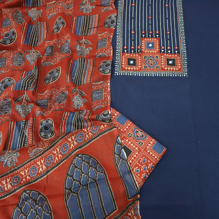 Shaymi Navy Blue Kutch Mirror Neck Work Cotton Set