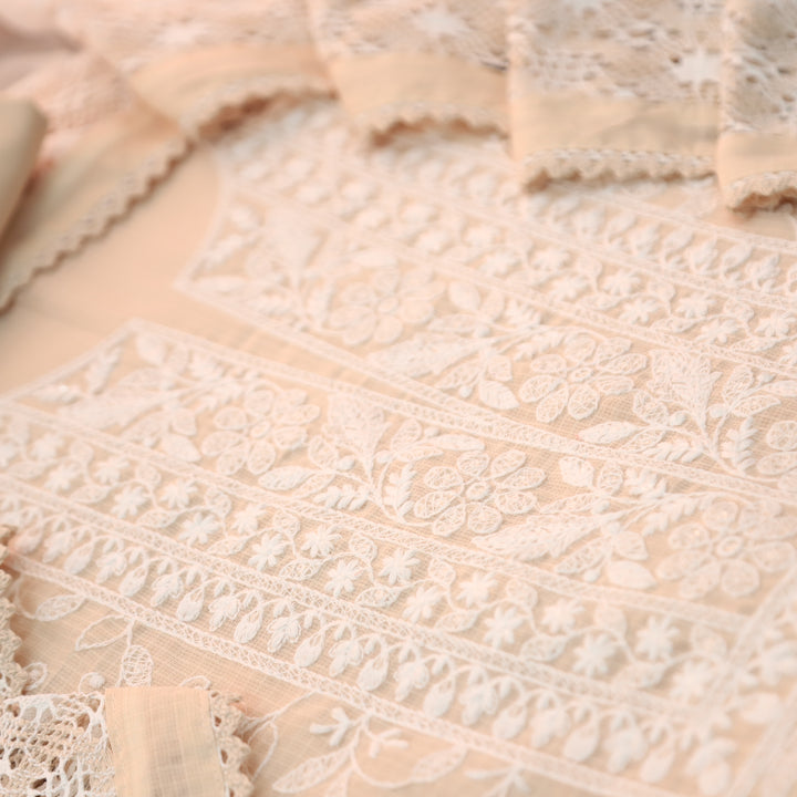 Rajmoli Pastel Peach All Over Thread Embroidered with Crochet Hem Kota Doriya Set