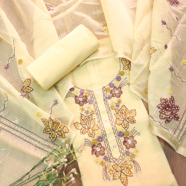 Ruby Butter Yellow Kolkata Hand Embriodered Kota Doriya Set