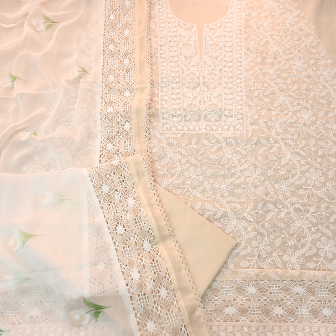 Rajmoli Pastel Peach All Over Thread Embroidered with Crochet Hem Kota Doriya Set