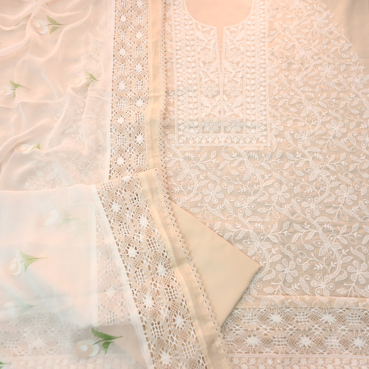 Rajmoli Pastel Peach All Over Thread Embroidered with Crochet Hem Kota Doriya Set