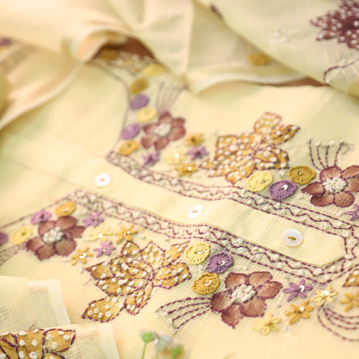 Ruby Butter Yellow Kolkata Hand Embriodered Kota Doriya Set