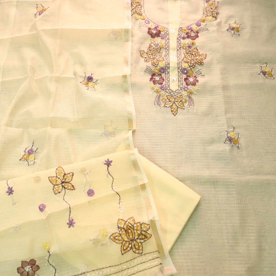 Ruby Butter Yellow Kolkata Hand Embriodered Kota Doriya Set